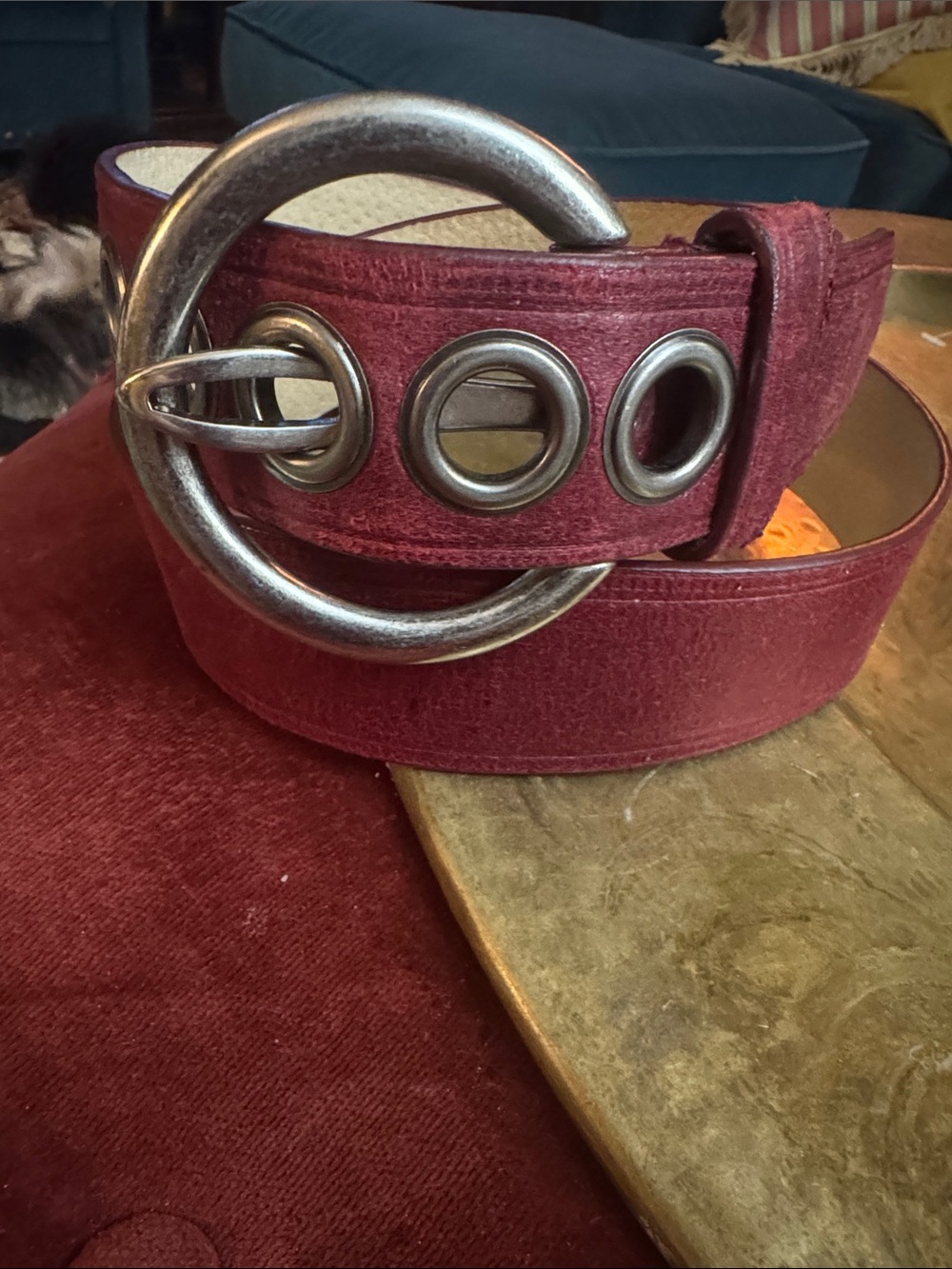 Steven By Steve Madden Burgundy Suede Belt with Silver O-Ring Buckle